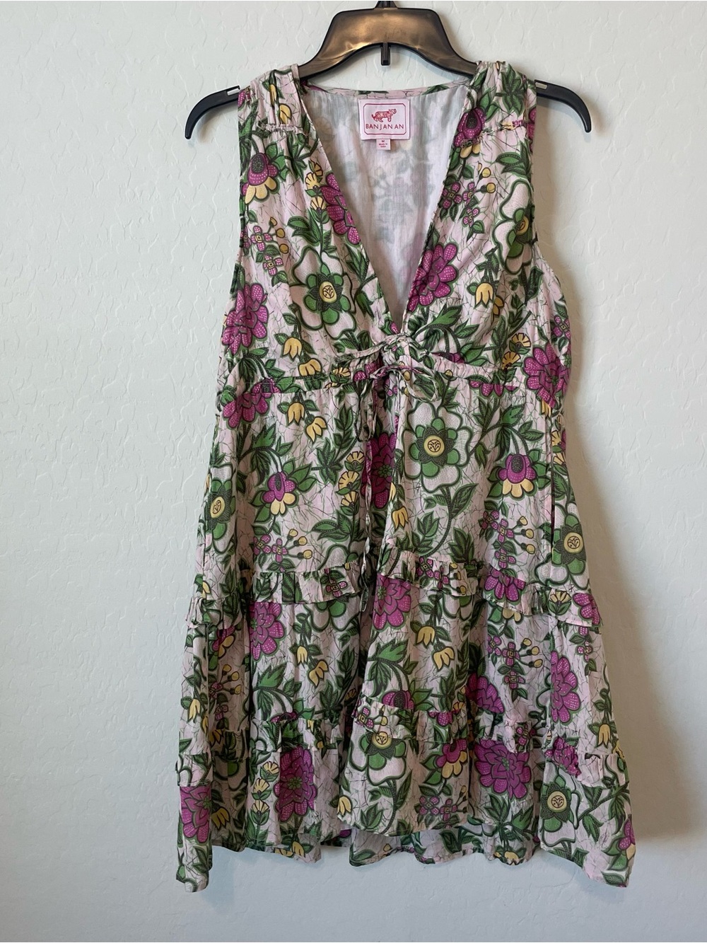 Banjanan “Becca” Floral Tiered Ruffle Cotton Mini Dress Pink Green Medium M